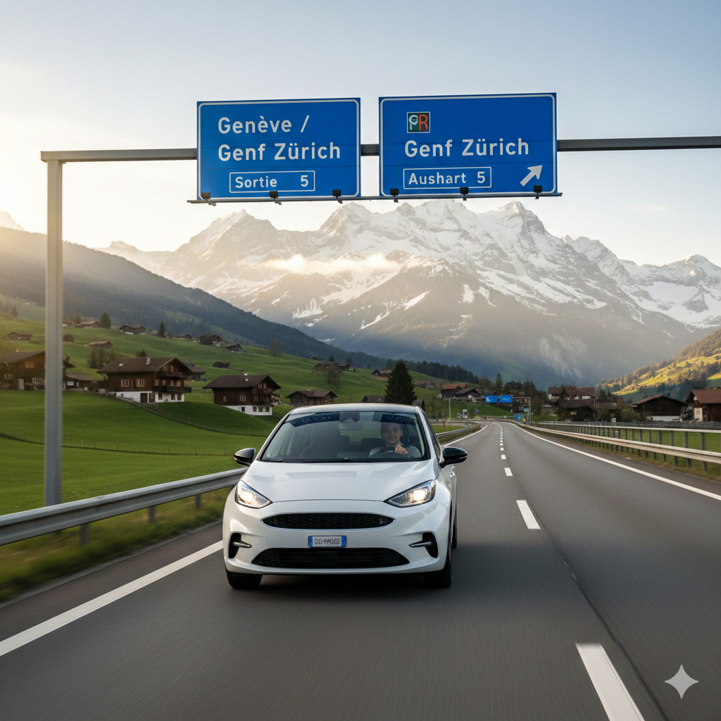 Swiss road with Geneva and Zurich signs for driving permit journey