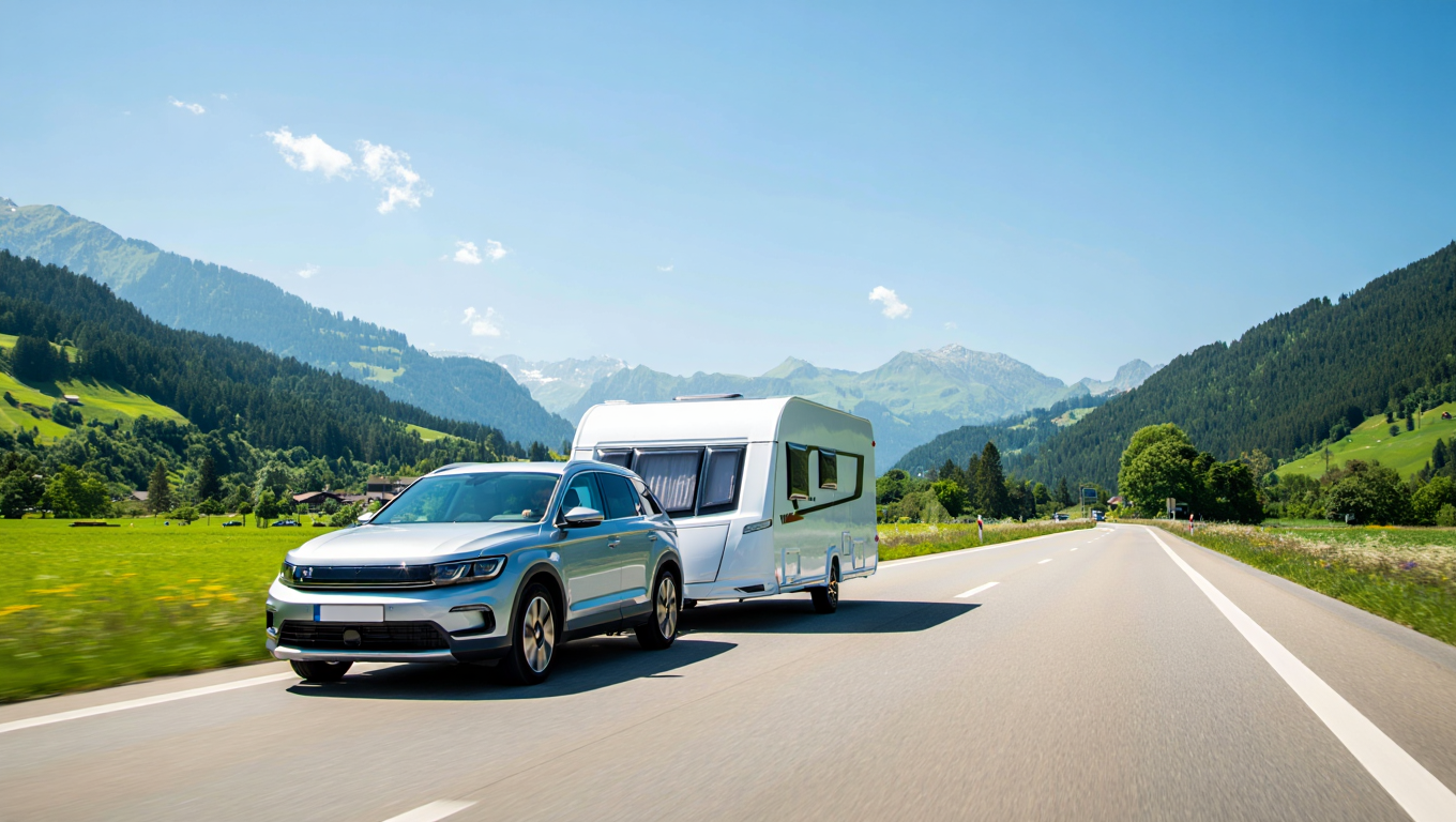 Auto mit Wohnwagenanhänger auf Schweizer Strasse — BE AZUL Fahrschule Freiburg