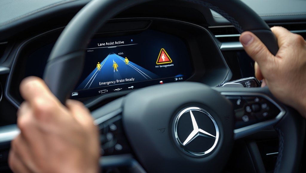 Mercedes-Benz digital dashboard showing Lane Assist Active and Emergency Brake Ready — ADAS Switzerland