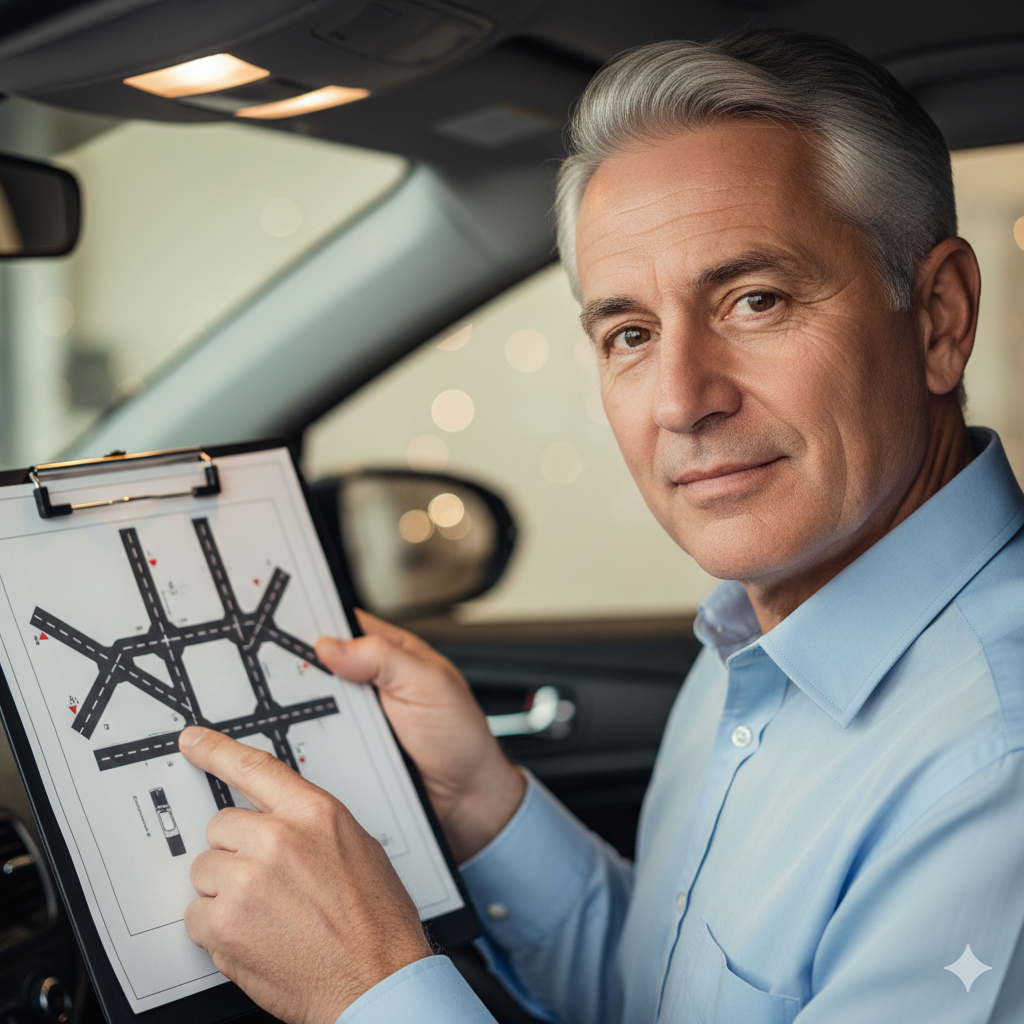 Moniteur experimente qui explique un schema de conduite